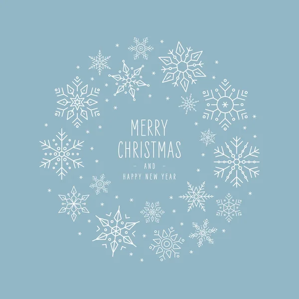 Weihnachten Schneeflocken Elemente Kranz Kreis Grußkarte auf Eis blauen Hintergrund — Stockvektor