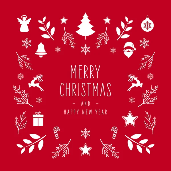 Biglietto di auguri natalizio con ornamenti di auguri ed elementi iconici su sfondo rosso . — Vettoriale Stock