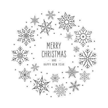 Noel kar taneleri elementleri beyaz arkaplanlı çelenk çemberi tebrik kartı