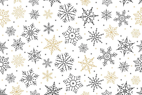 Navidad copo de nieve patrón sin costuras de oro negro sobre fondo blanco . — Vector de stock