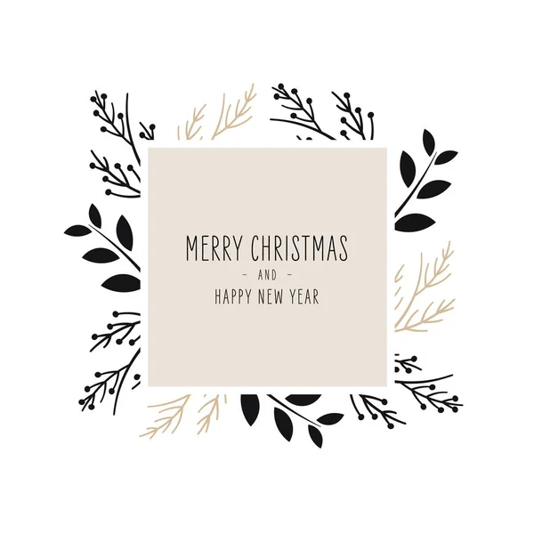 Joyeux Noël moderne élégante carte avec cadre bannière salutations et branches de pin de sapin sur fond blanc — Image vectorielle