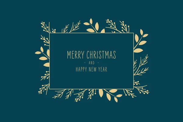 Feliz Natal moderno cartão elegante com quadro banner cumprimentos e ramos de pinho de abeto dourado no fundo verde —  Vetores de Stock