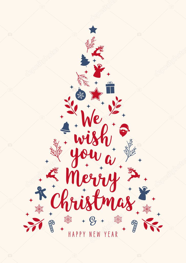 Christmas tree greeting text calligraphy with icon ornament elements red blue background