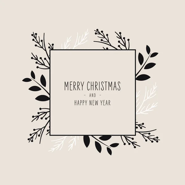 С Рождеством современная открытка с рамкой баннер поздравления ели сосновые ветви черный белый на бежевом фоне — стоковый вектор