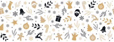 Christmas icon elements golden black border pattern isolated white background. clipart