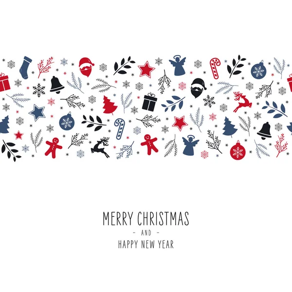 Vánoční ikona prvky ohraničení karty s pozdravem text bezešvé vzor izolované bílé pozadí. — Stockový vektor