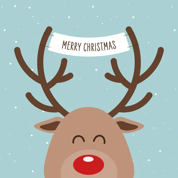 Reindeer red nosed cute cartoon with greeting banner on white isolated background. Christmas card — Stock Vector