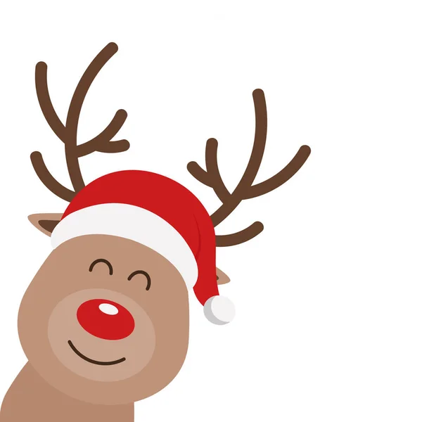 Rénszarvas piros orrú aranyos rajzfilm mikulás kalap fehér elszigetelt háttér. Karácsonyi kártya — Stock Vector