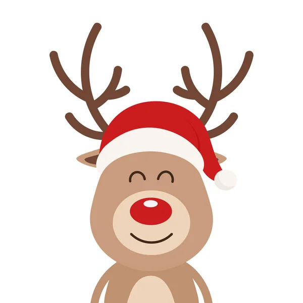 Renna rosso naso carino sorriso cartone animato con cappello di Babbo Natale isolato sfondo bianco. Biglietto di Natale — Vettoriale Stock