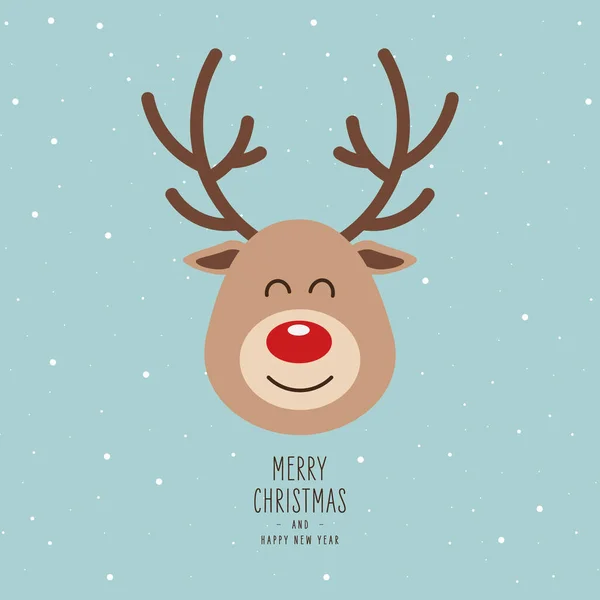 Reindeer red nosed cute smile cartoon with greeting snowy background. Christmas card — Stock Vector
