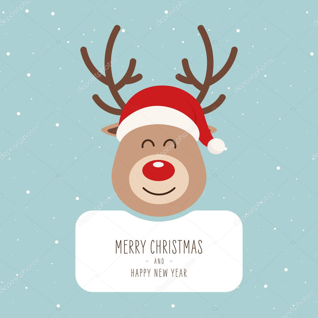 Reindeer red nosed cute cartoon with greeting banner snowy background. Christmas card