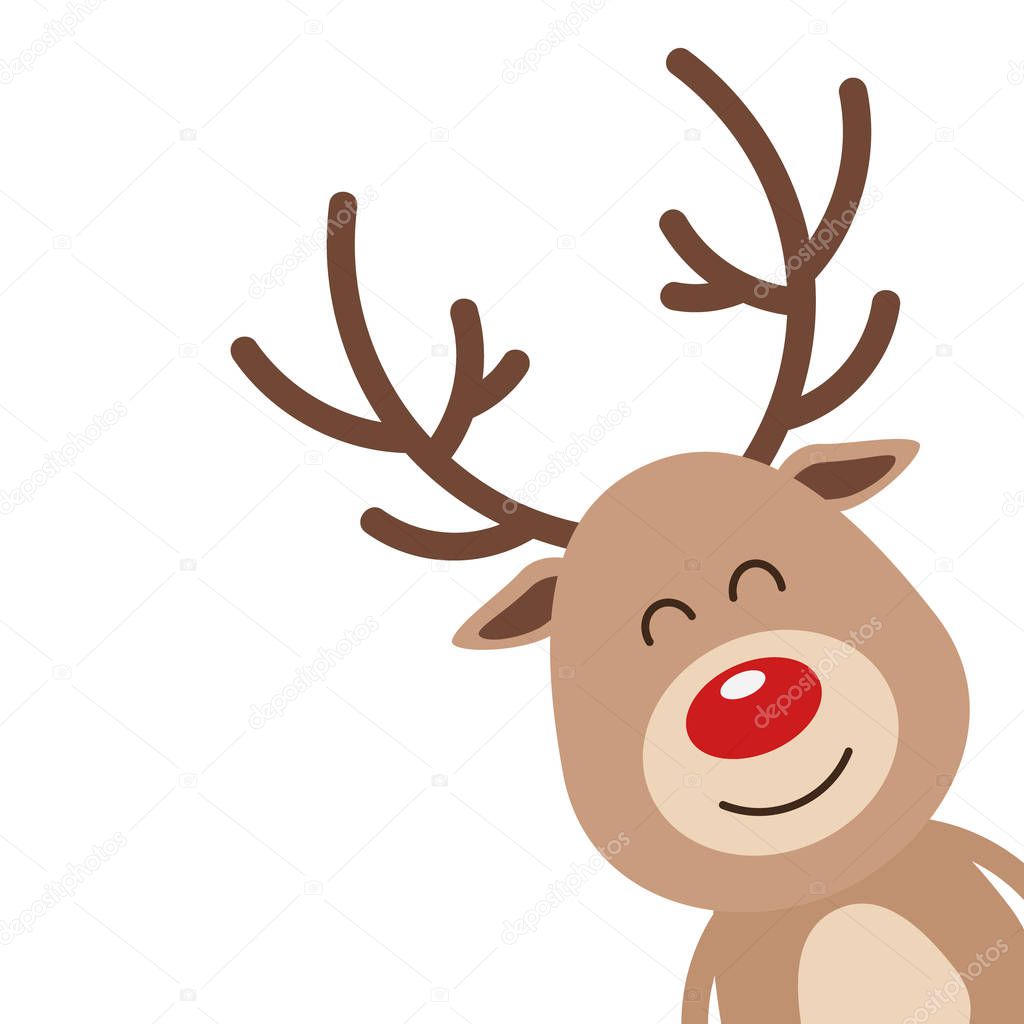 Reindeer red nosed cute smile cartoon isolated white background. Christmas card