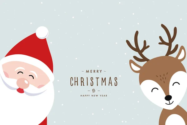 Santa Und Rentiere Niedlichen Cartoon Frohe Weihnachten Schriftzug Schneebedeckten Hintergrund — Stockvektor