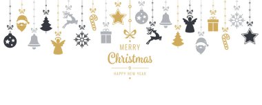 Beyaz arka planda dilekleri olan bornozda asılı Noel öğeleri