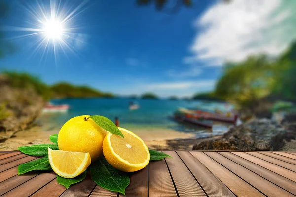 Half Sliced Fresh Grapefruits Summer Poster Blurry Island Background — Stock Photo, Image