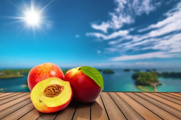 Half Sliced Fresh Peaches Summer Poster Blurry Island Background — Stock Photo, Image