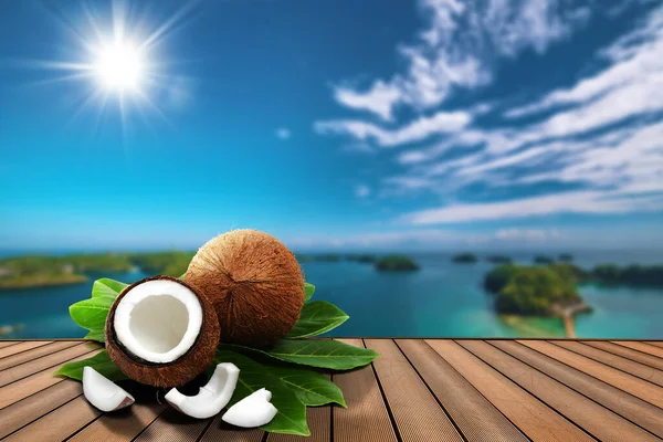 Open Fresh Coconuts Poster Blurry Island Background — Stock Photo, Image