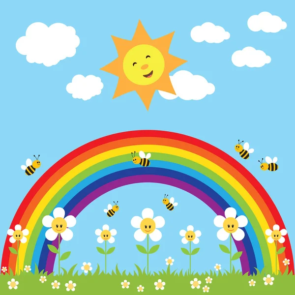 Fundo Colorido Com Arco Íris Sol Feliz Flores Sorridentes Abelhas — Fotografia de Stock