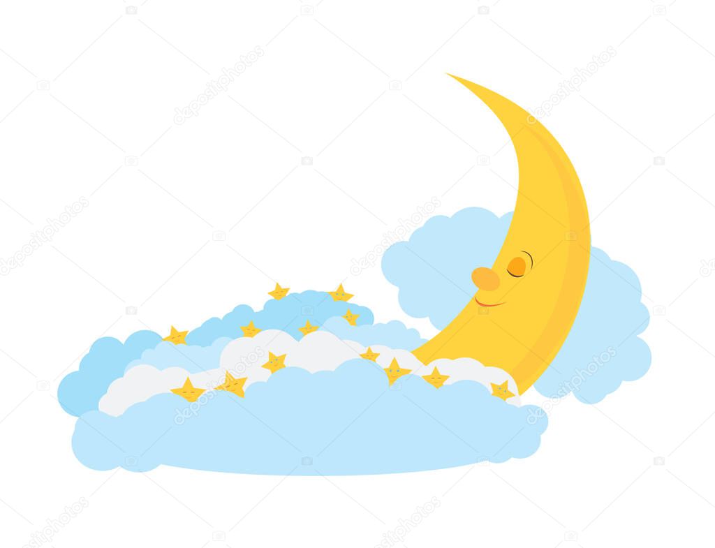 Sleeping moon with clouds and stars. Isolated on white background. 