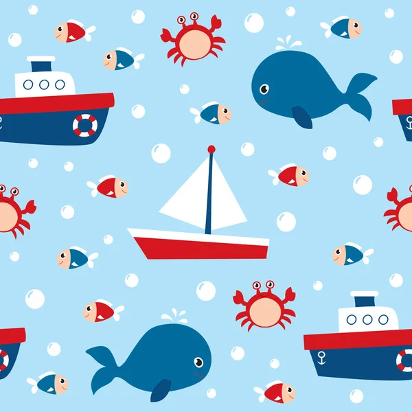 Childish sea seamless pattern with boat, whale, crab and fish.  It can be used for wallpapers, wrapping, cards, patterns for clothes and other.