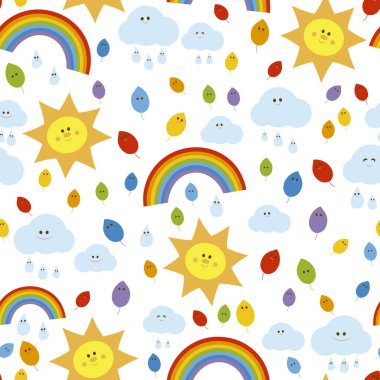 Gökkuşağı, mutlu güneş, bulutlar, yaprak, yağmur damlaları ile çocuksu ve renksiz desen.