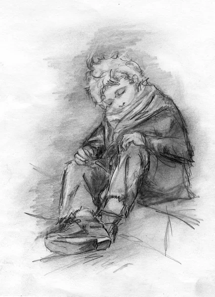 Image Homeless Sleeping Boy Pencil Drawing — Stock Photo, Image