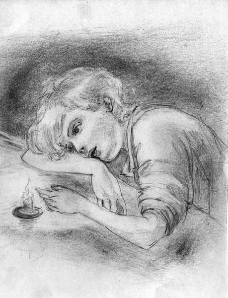 Pencil Drawing Pensive Boy Who Sits Table Looks Candle Flame — Stock Photo, Image