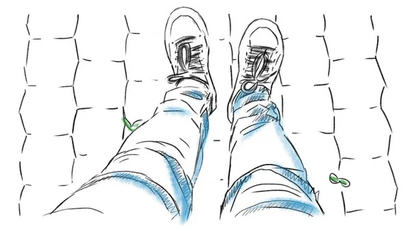 画一个站在路上 穿着蓝色牛仔裤和运动鞋的人的脚 从顶部看问题 — 图库照片