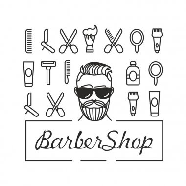 Güzel bir saç kesimi ve sakal ve bir berber dükkanı ve saç modeli için doğrusal simgeler bir dizi adam