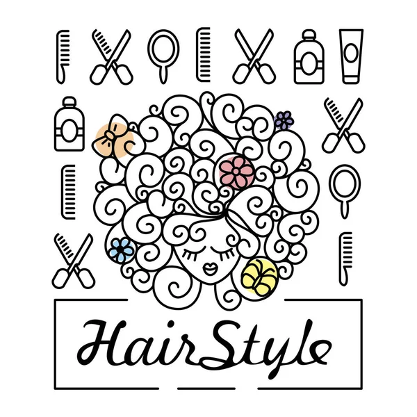 美しいヘアスタイルと顔と美容室とヘアスタイルのための線形アイコンのシリーズを持つ若い女性 — ストックベクタ
