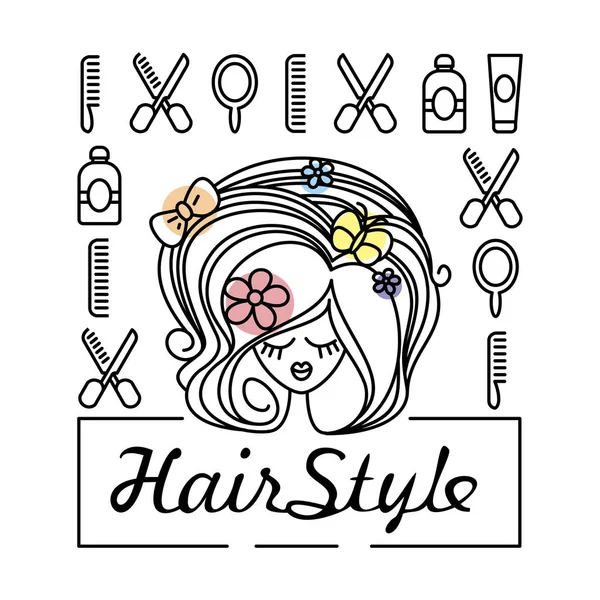 美しいヘアスタイルと顔と美容室とヘアスタイルのための線形アイコンのシリーズを持つ若い女性 — ストックベクタ