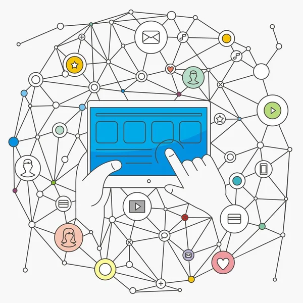 Imagem Linear Vetorial Computador Mão Com Uma Conexão Internet Uma — Vetor de Stock