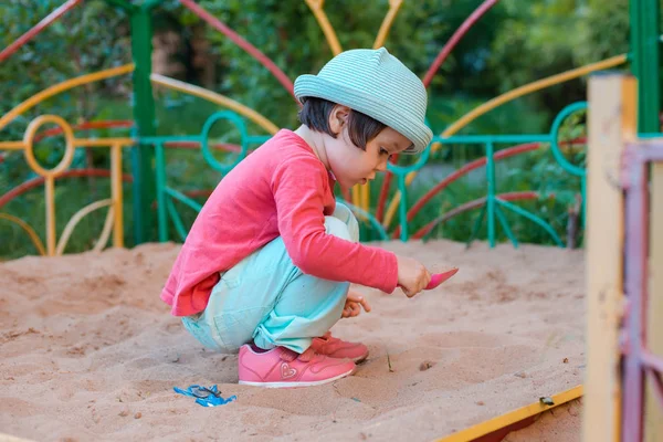 Little Girl Likes Play Playground Sandbox Children Fun Physical Development — Stock Photo, Image