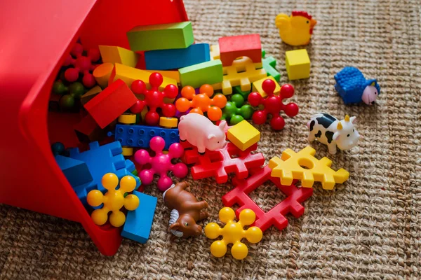 Children's playroom with plastic colorful educational blocks toys. — Stock Photo, Image