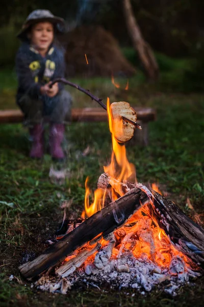 A little boy on a picnic sitting by the fire and fry bread on a stick . campfire at the campsite in the open air. — Stock Photo, Image