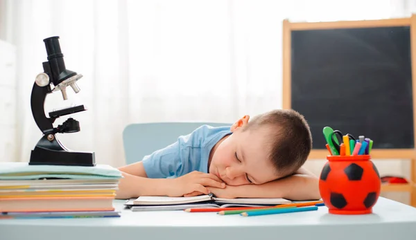 Niño de la escuela sentado en el aula de casa tumbado escritorio lleno de libros material de formación escolar durmiendo perezoso aburrido — Foto de Stock