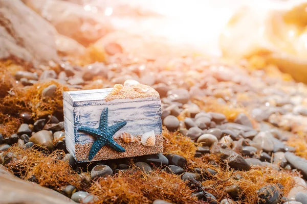 Wooden decorative Chest with sea shells and blue star on the sea coast. — Stock Photo, Image