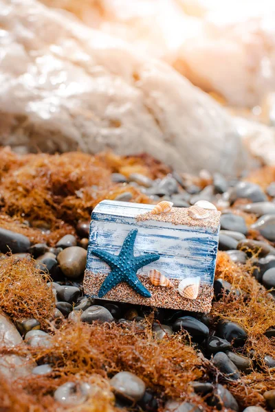 Wooden decorative Chest with sea shells and blue star on the sea coast. — Stock Photo, Image