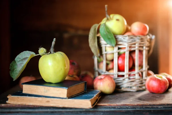 Fresh harvest of ripe and healthy farm apples in a glass jar, in a basket. — Stock Photo, Image