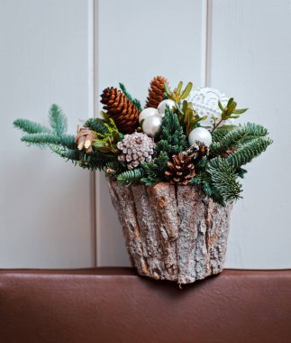 Beyaz arka plan üzerinde ağaç kabuğu konileri oyuncaklar bir tencerede köknar dalları Hediye mini buket.