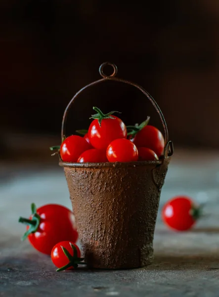 Cherry tomatoes in a decorative rusty old bucket on a dark rustic background. — Stock Photo, Image