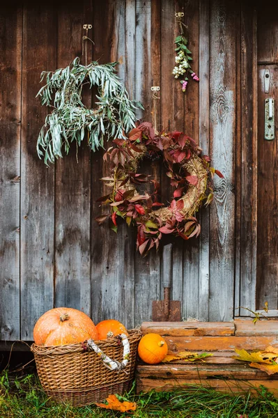 Upadek przed gankiem. jesienny wieniec i dynie na starym drewnianym tle rustykalnym w drzwiach. — Zdjęcie stockowe