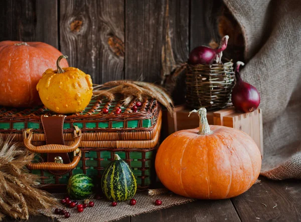 Happy Thanksgiving background, pumpkins and wicker basket on old wooden table.