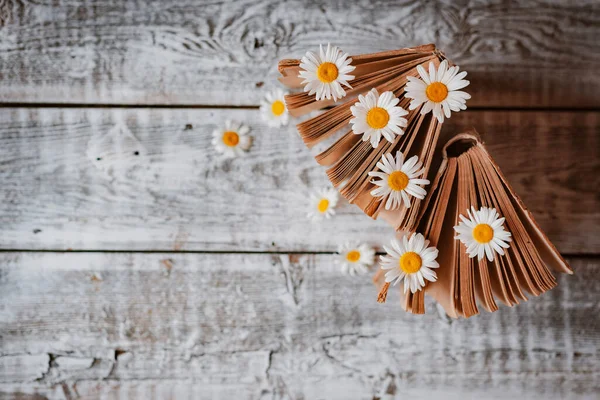 Livres anciens avec des fleurs de marguerites blanches. — Photo