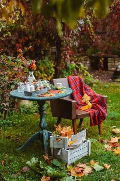 舒适的庭院 秋天的叶子躺在一个木制的古董圆桌上 桌上摆放着陶器杯 饼干和蜡烛 旁边是一把旧椅子 上面铺着五彩缤纷的地毯和木箱 秋天的后院黑暗 图库图片