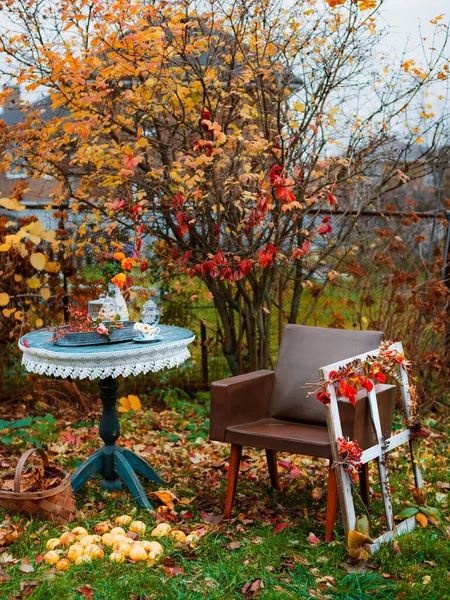 decorations in the backyard for relaxing in the autumn garden. Relaxing atmosphere in the backyard and on the terrace