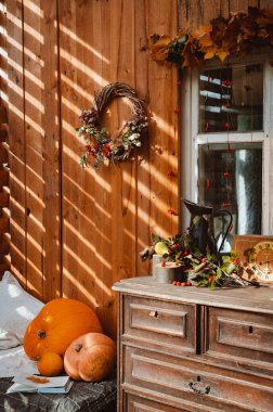 Terasta dekoratif tasarım penceresi. Sonbahar çelengi ve balkabağı eski sandık çekmeceleri ahşap kırsal arka plan