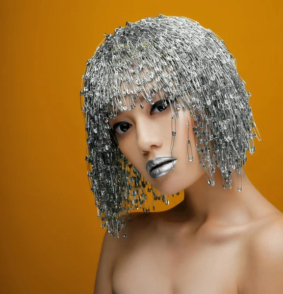 portrait of model with pin wig and silver lips