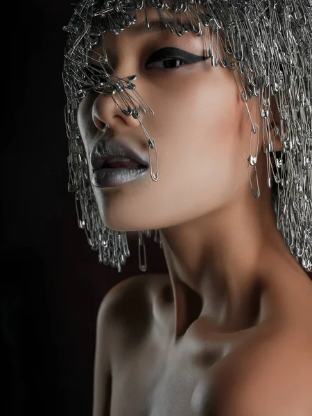 portrait of model with pin wig and silver lips