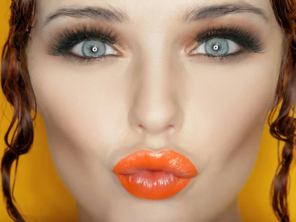 Close Portrait Model Orange Lipstick — Stock Photo, Image